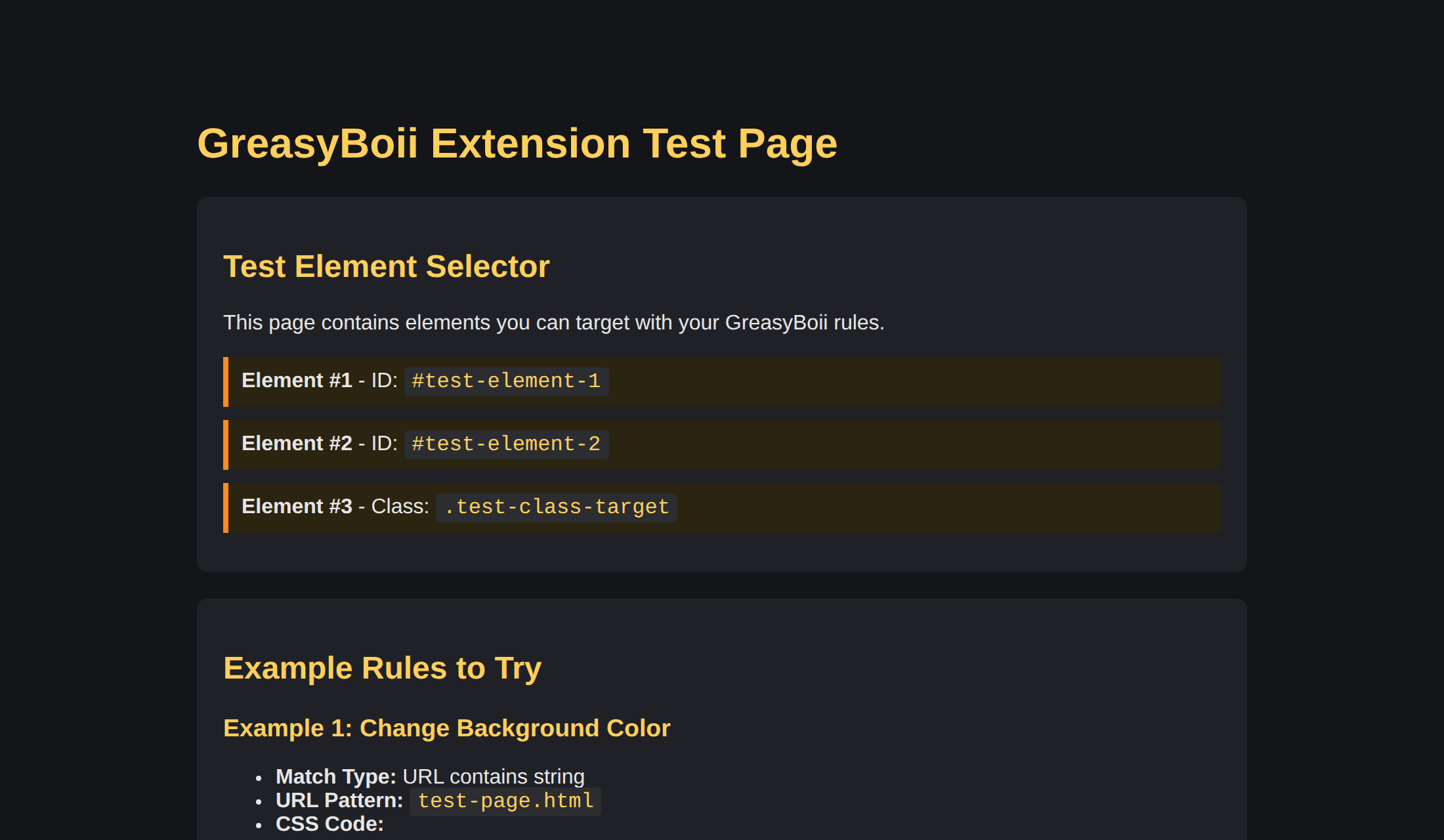 The same test page in a dark theme with amber headings, now headed GreasyBoii Extension Test Page
