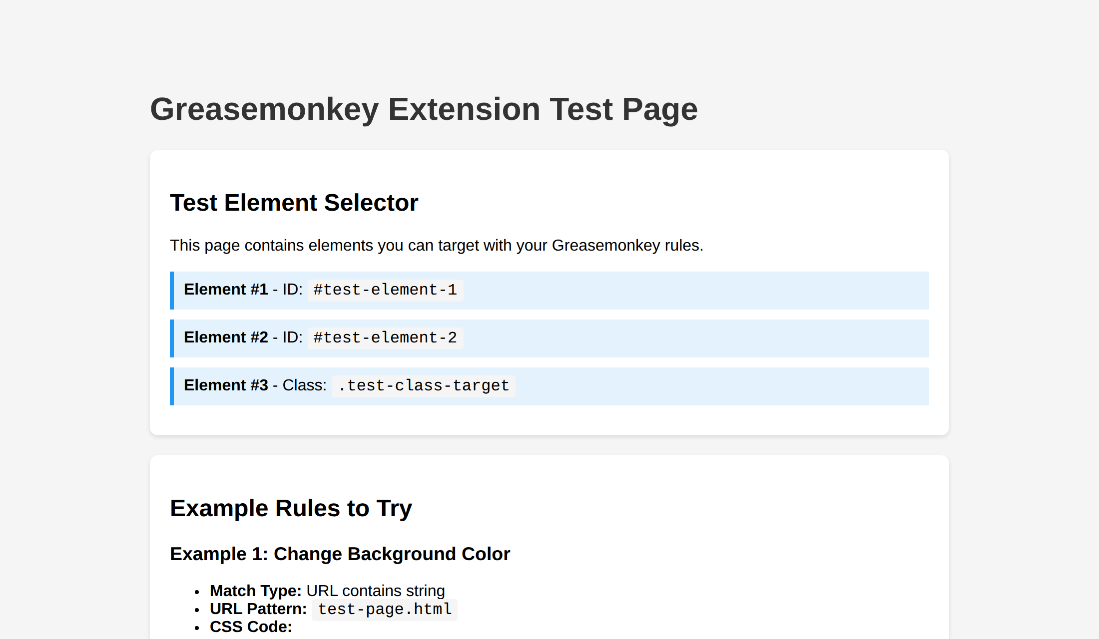The extension test page in its default light theme, headed Greasemonkey Extension Test Page