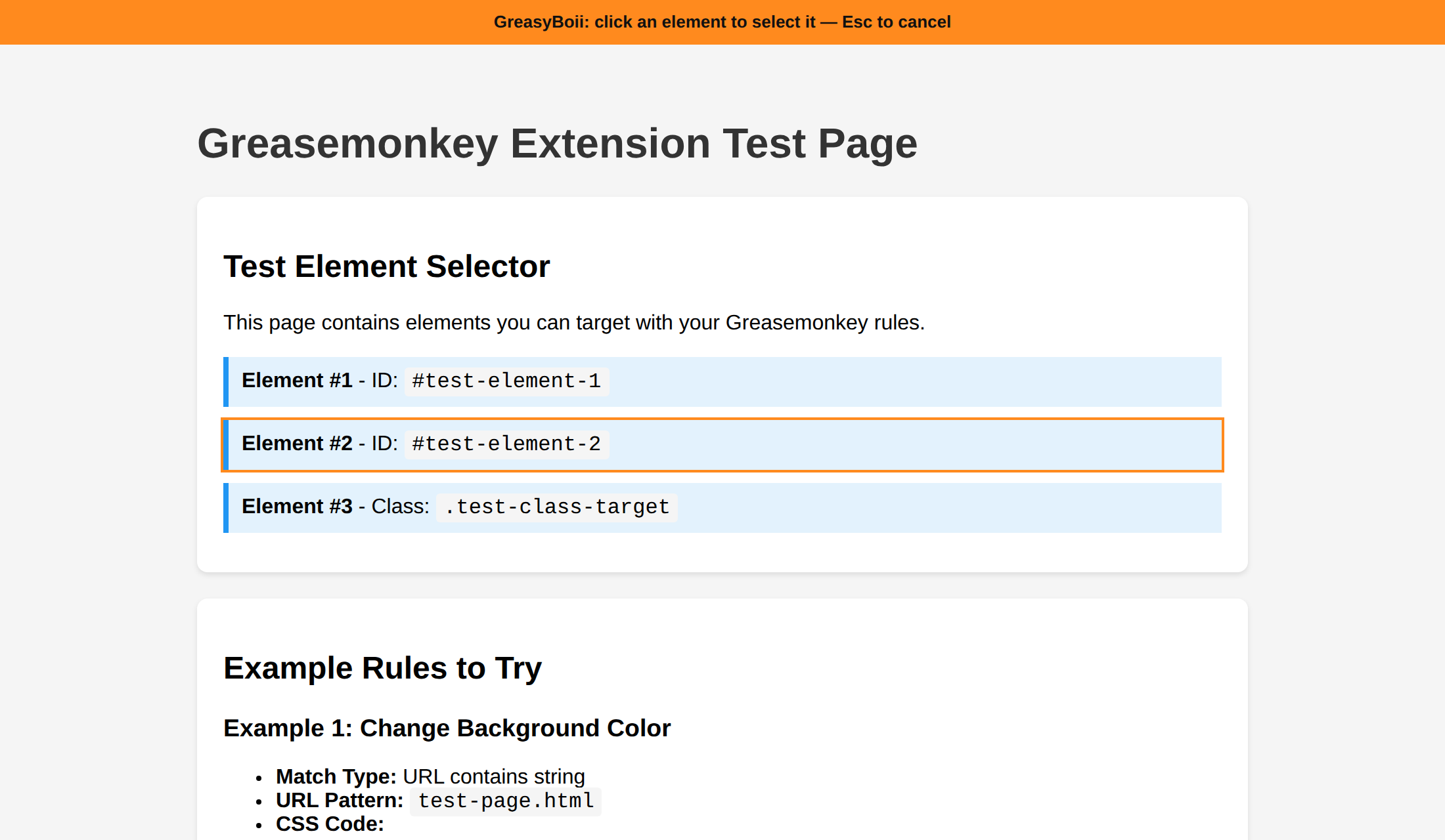 A test page with an orange GreasyBoii banner across the top reading 