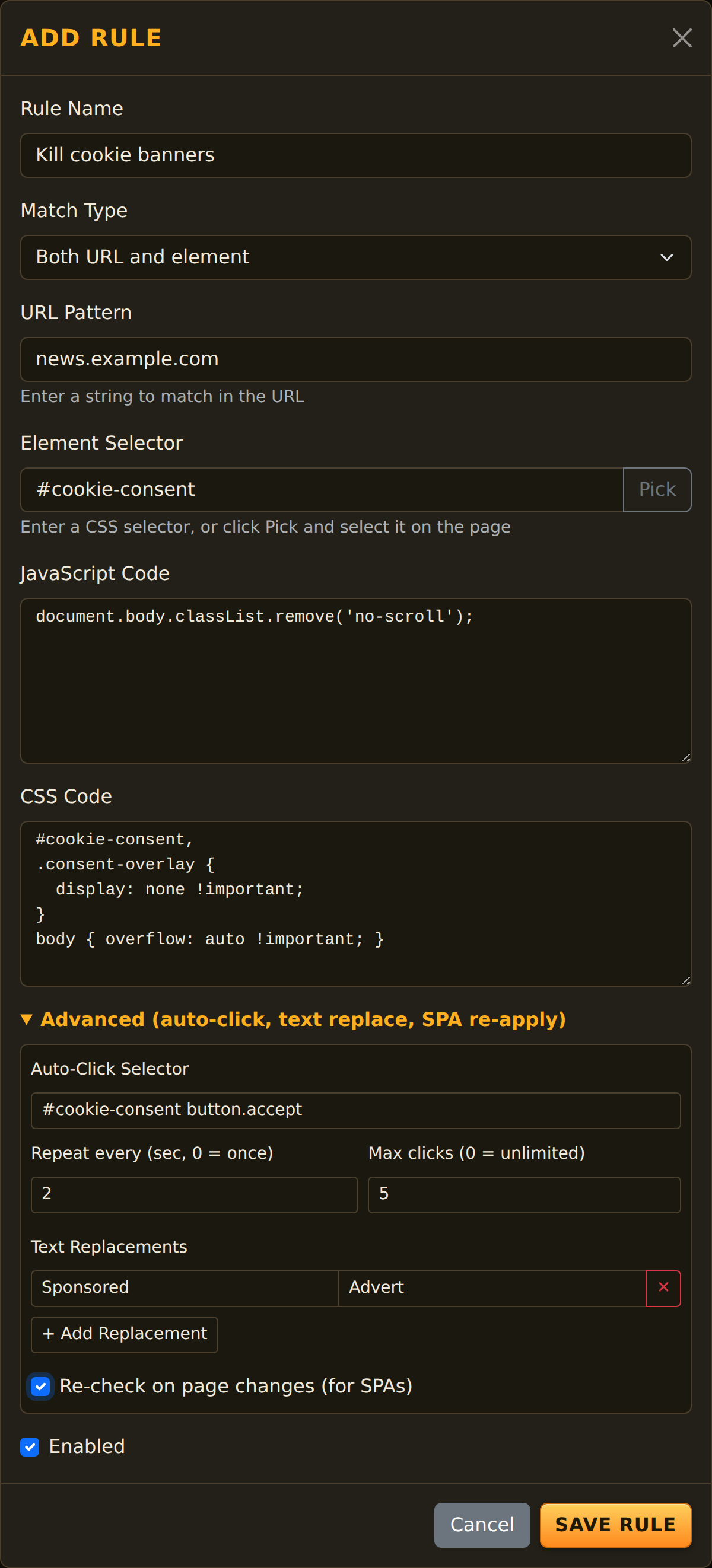 The rule editor with every field filled in: name, match type set to both URL and element, URL pattern, element selector with a Pick button, JavaScript and CSS code areas, and the Advanced section open showing auto-click, text replacements and the SPA re-check option