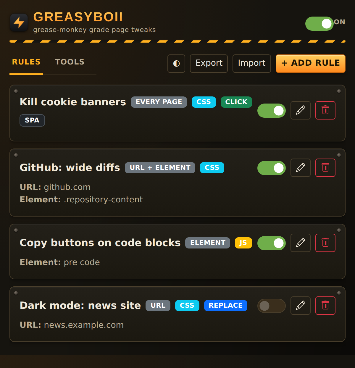 The GreasyBoii popup with the Rules tab open, showing four rules with coloured badges for their match type and actions