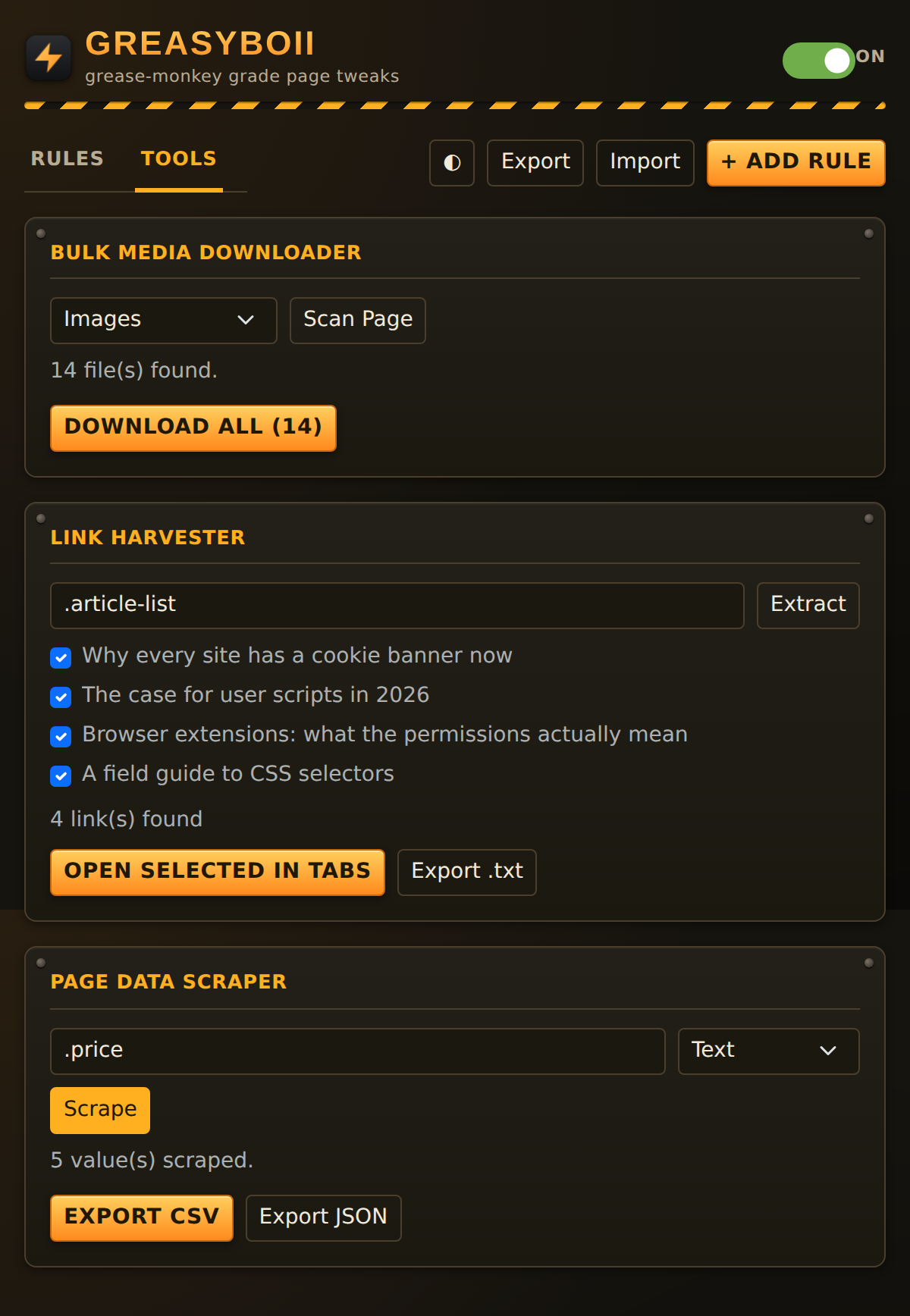 The Tools tab showing three panels: a bulk media downloader that found 14 images, a link harvester listing four links with checkboxes, and a page data scraper that has scraped five values with CSV and JSON export buttons